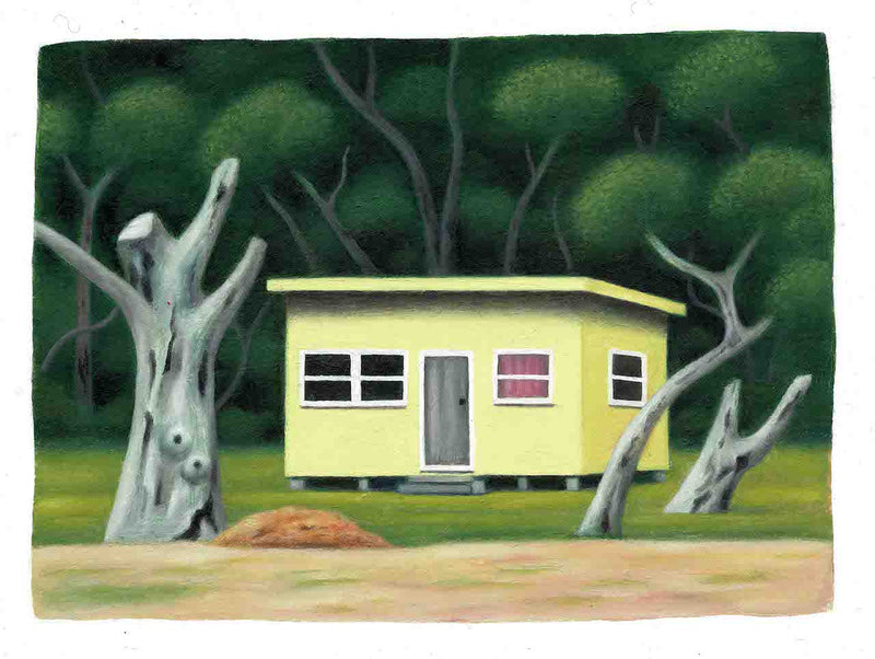Yellow Cottage with bush and trunks