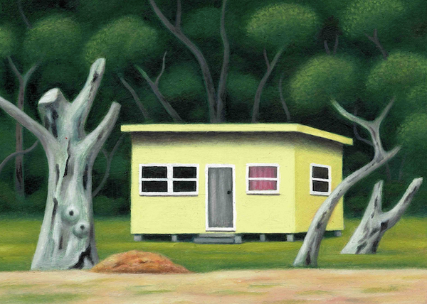 Yellow Cottage with bush and trunks